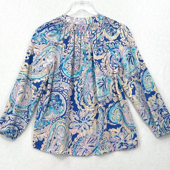 LILLY PULITZER Elsa Printed Silk Blouse Womens XS Blue Pink Long Sleeve Top FLAW - Picture 6 of 12